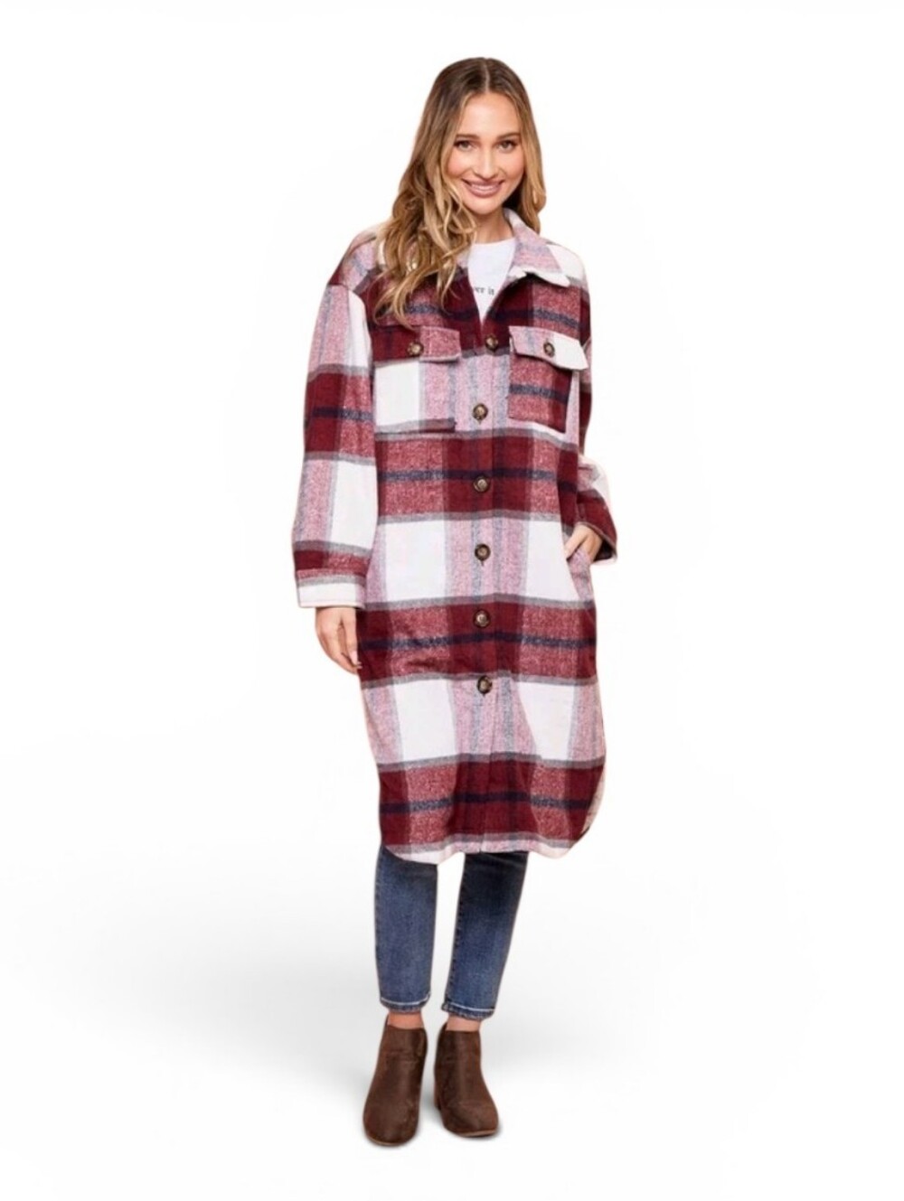 Haptics By Holly Harper Long Burgundy & White Plaid Shacket. Large.